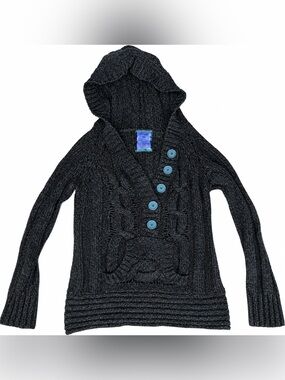 Vanity Y2K Hooded Cable Knit Sweater XL Green Teal Buttons Fairy Grunge